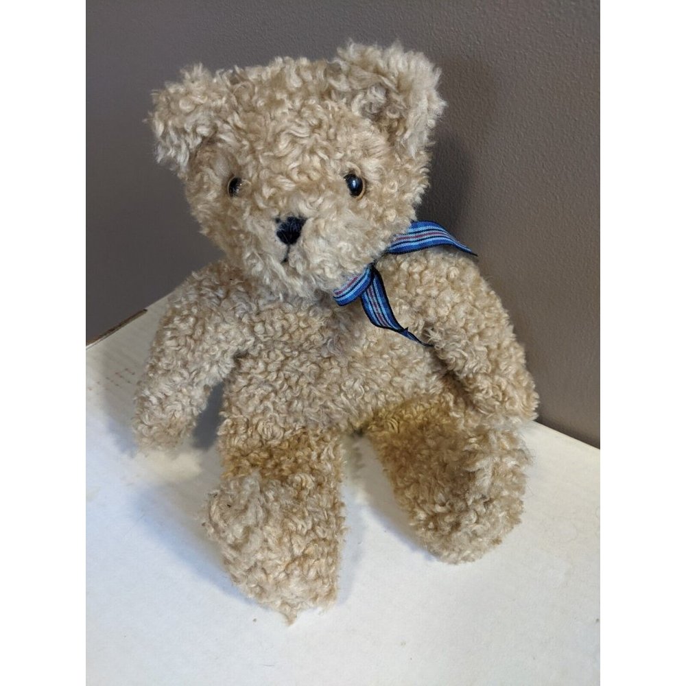 Vtg. TY 1992 Beanie "BABY CURLY" Teddy Bear Plush With Blue Plaid Bow Style 5018